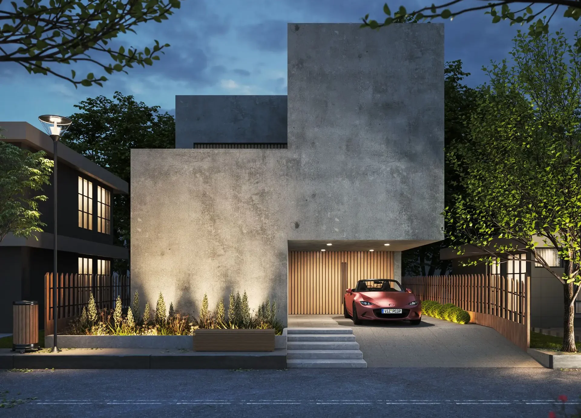 3D rendering Brisbane of a night time facade with feature lighting