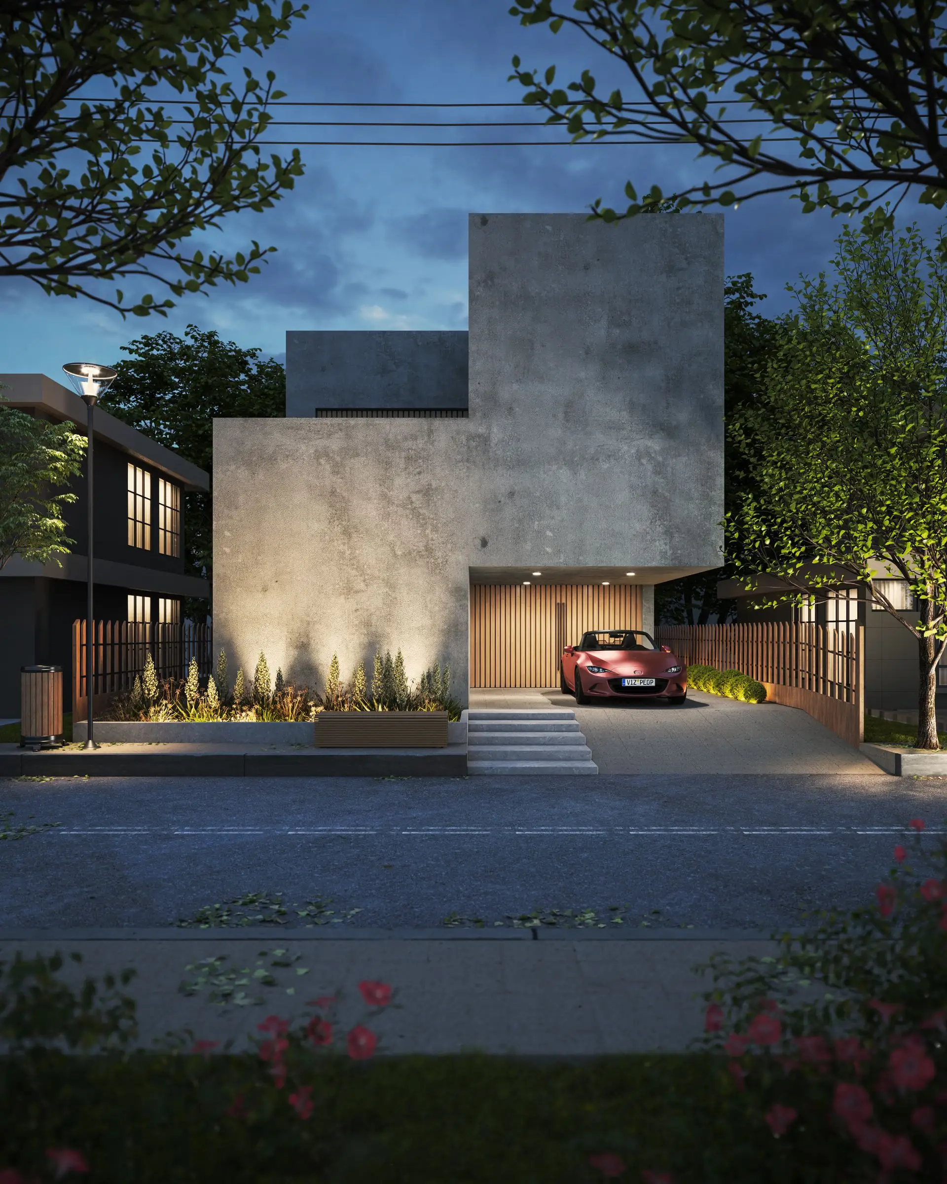 3D rendering Brisbane of a night time facade with feature lighting