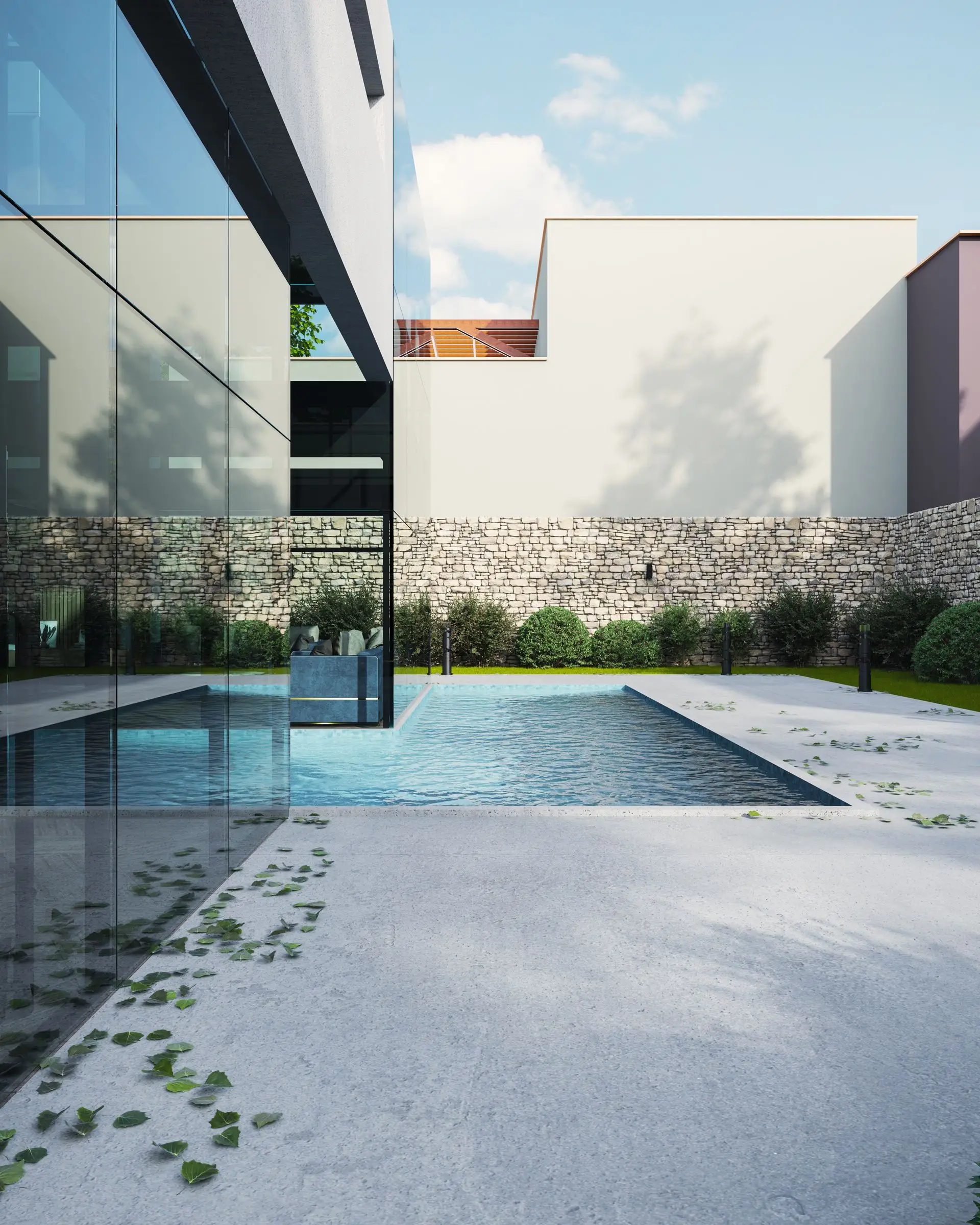 3D rendering Sydney showing a pool terrace and glazing in daylight