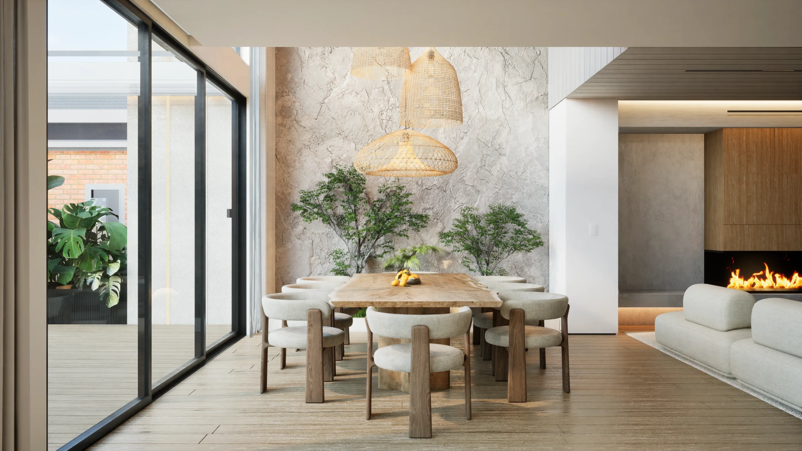 Interior 3D render of an open plan living and dining space used in an off the plan pre-sales campaign