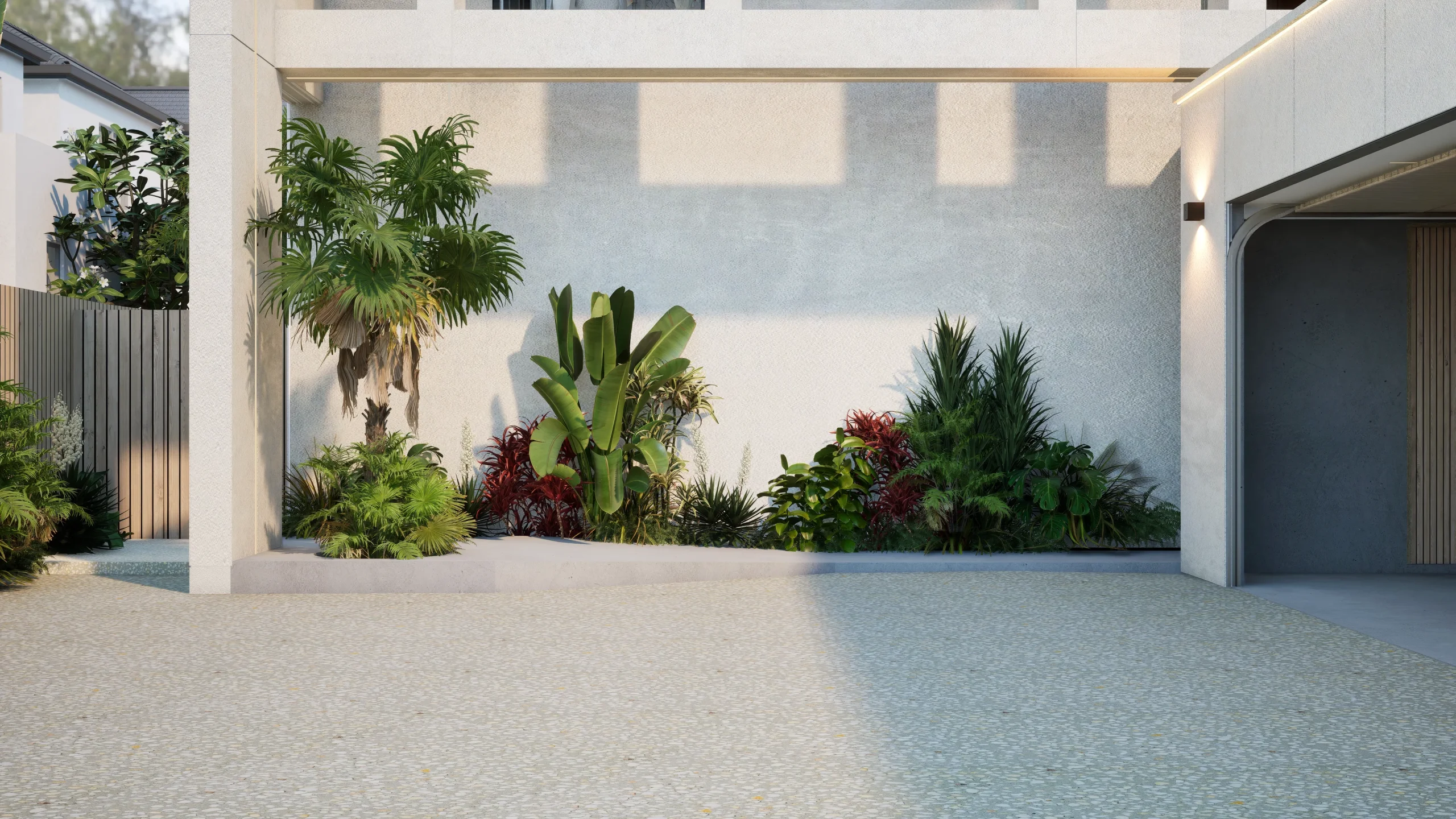 3D renders for property developers Melbourne: Street frontage view of a residential project showing driveway, garage and landscaped setback