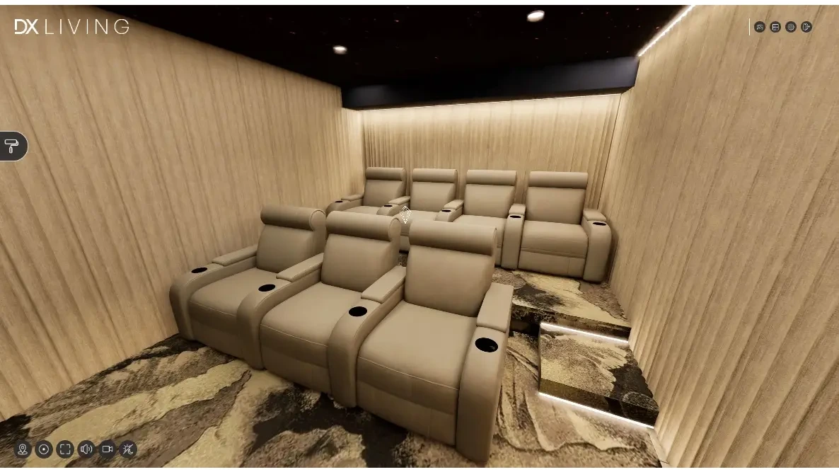 Recliner seating rows and fluted acoustic wall panels in the home cinema