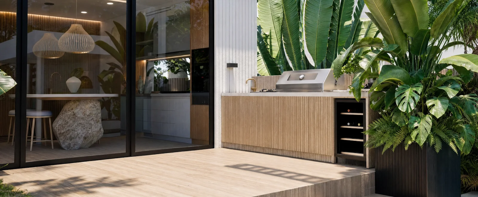 Alfresco design outdoor kitchen and bar opening to timber decking and planting