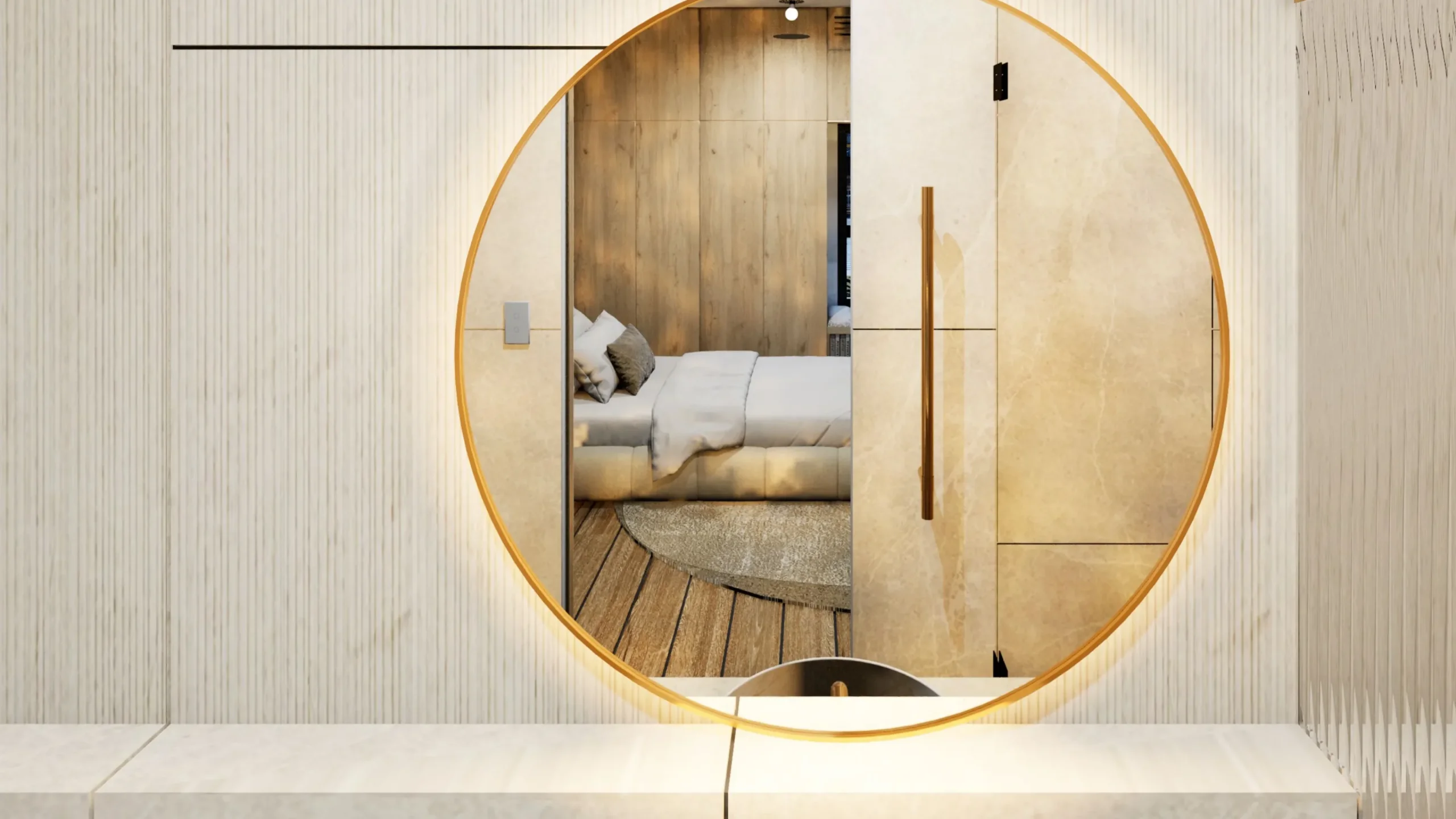 Backlit round mirror above a stone vanity in a Project 251 bathroom