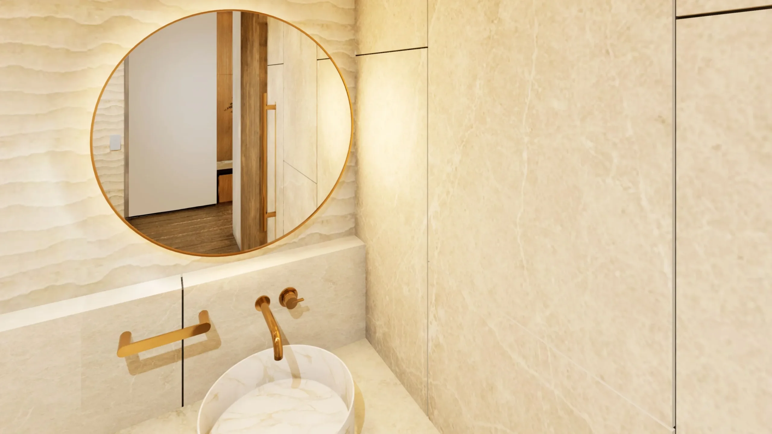 Round mirror, wall mounted brass spout and stone basin in a Project 251 guest bathroom