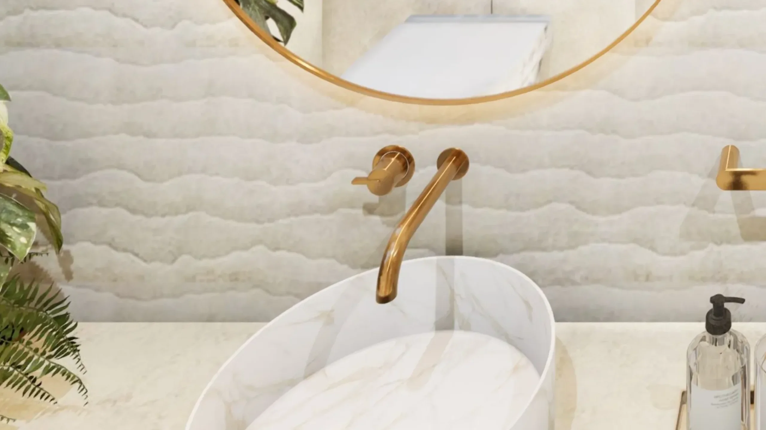 Wall mounted brushed brass spout over a stone basin in the Project 251 ensuite
