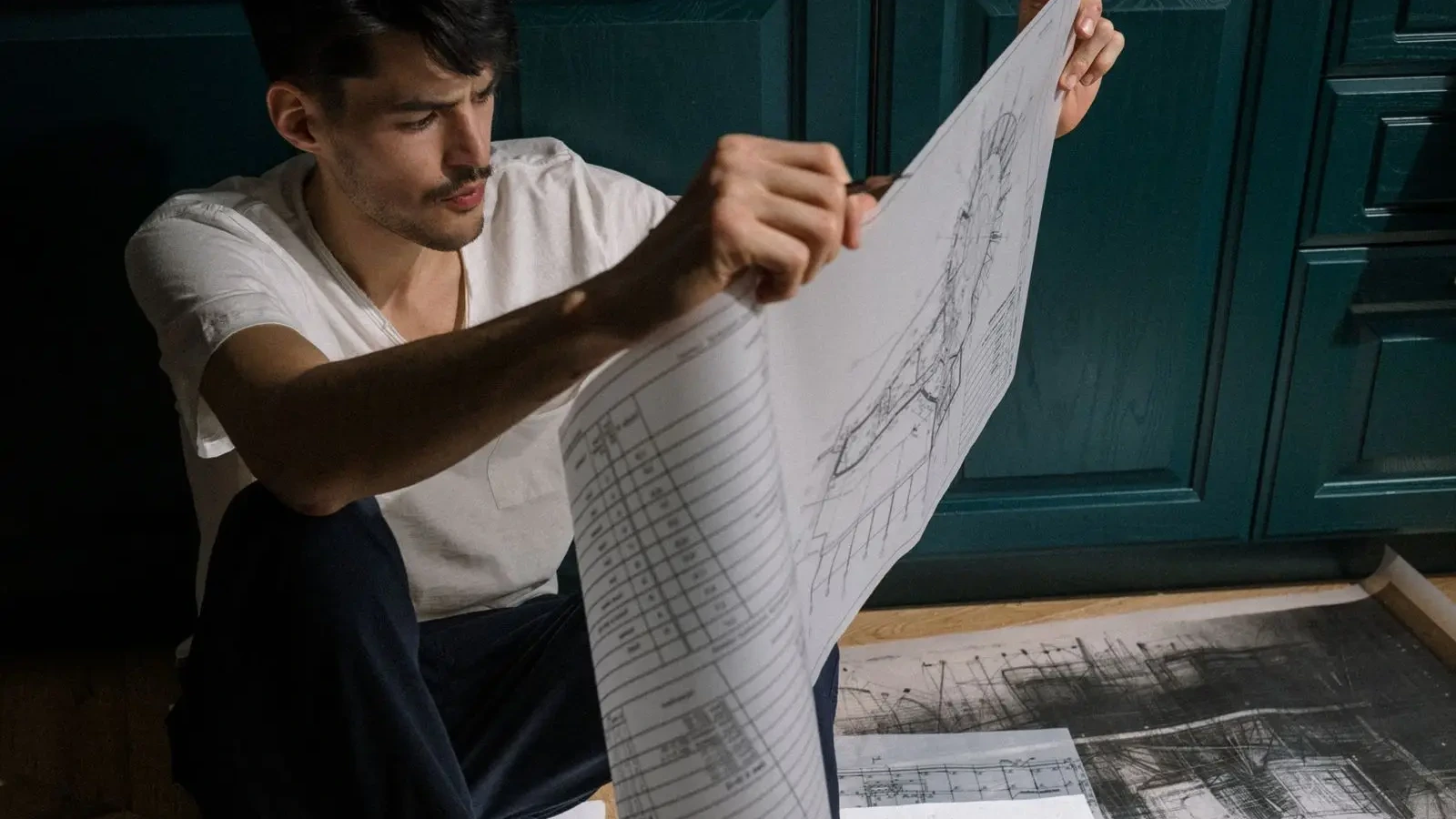A builder reviewing construction documentation before the works are priced