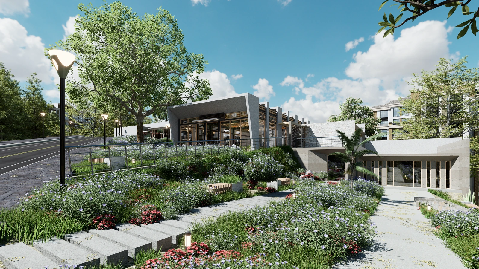 Contextual render showing a residential development within its streetscape and landscape setting