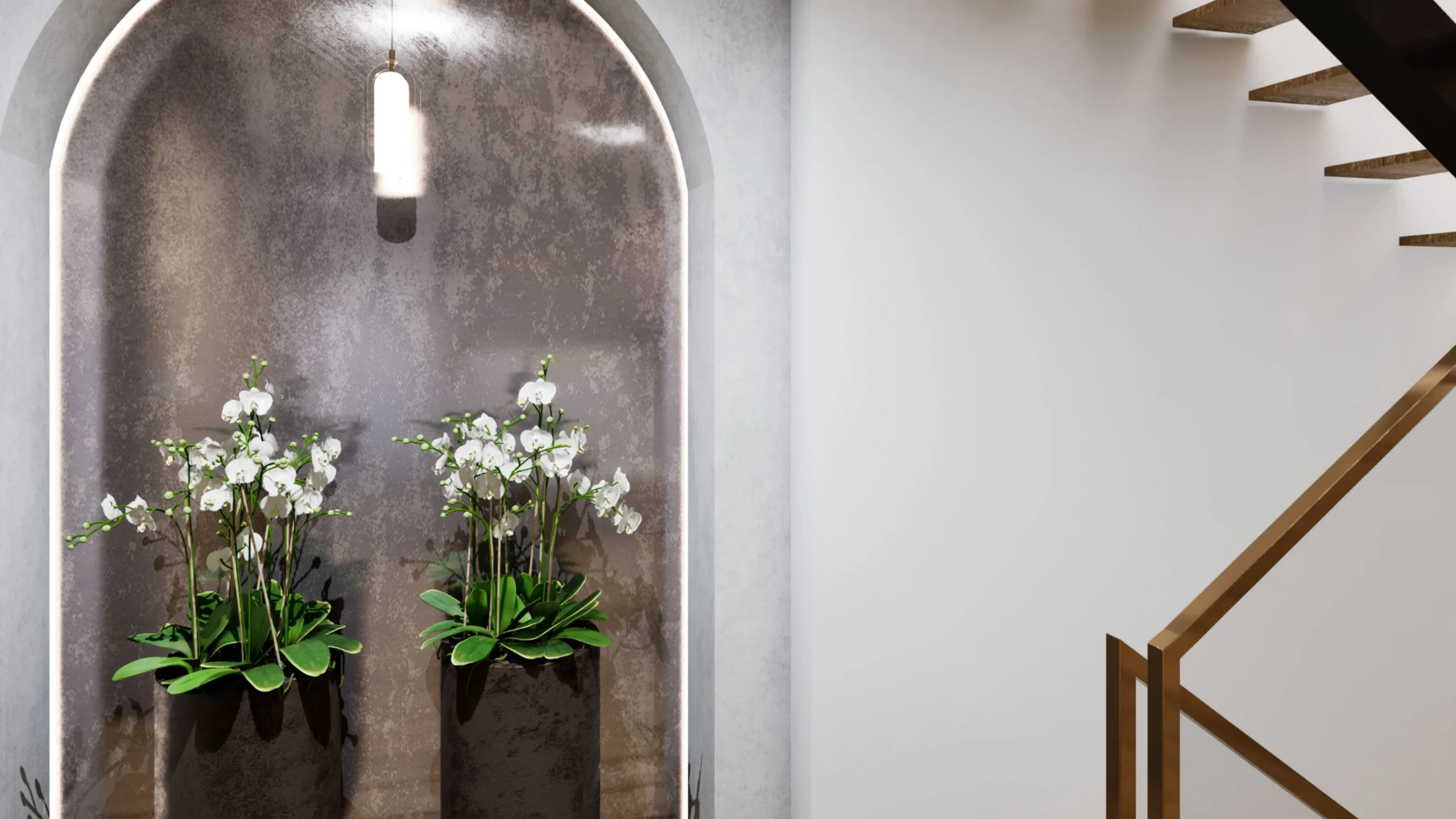 Slim brass handrail beside an arched niche in the Project 251 stair hall