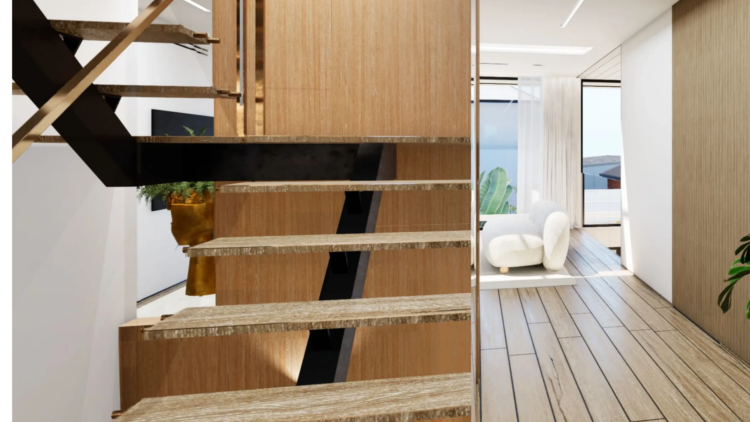 Custom staircase seen from the oak floored corridor, each tread reading as a separate plane