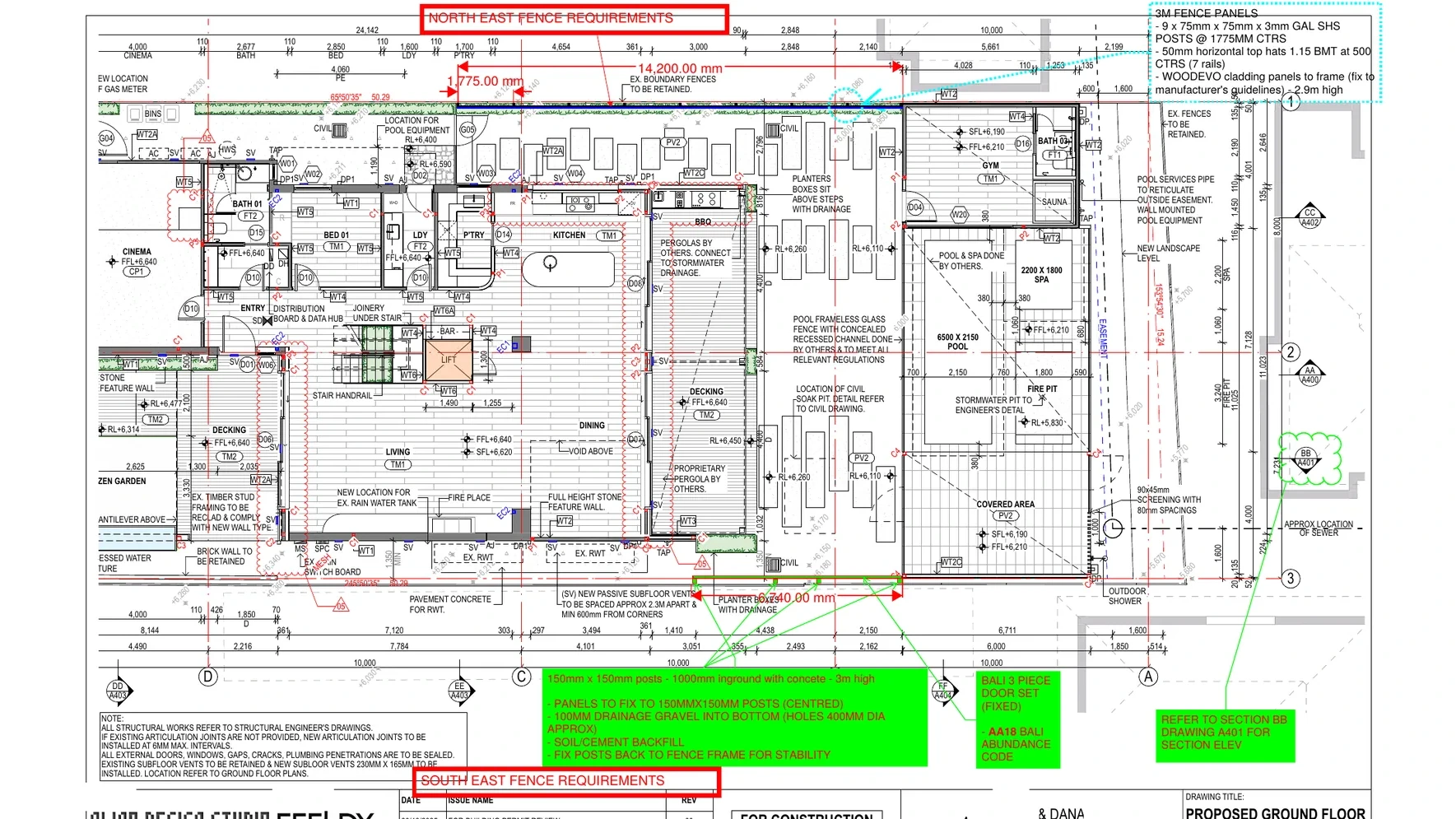 Glass pool fence and boundary fencing requirements set out on plan