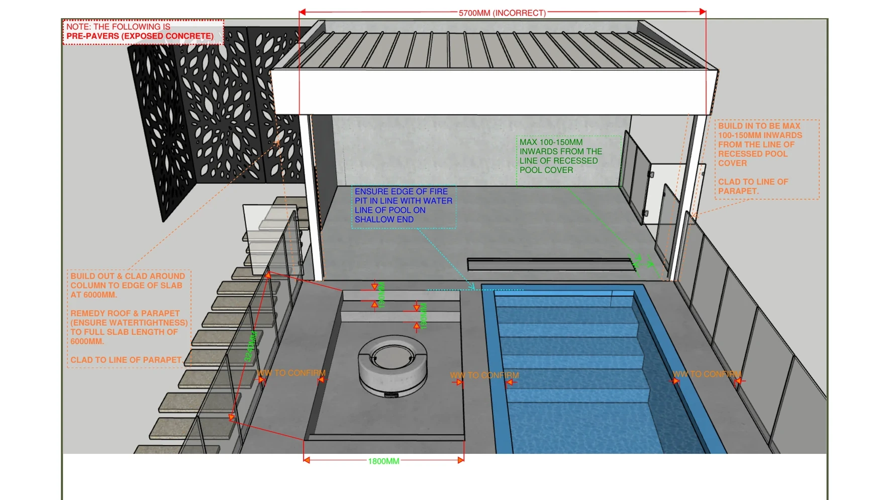 Glass pool fence and pool surround details with coping and cover edge