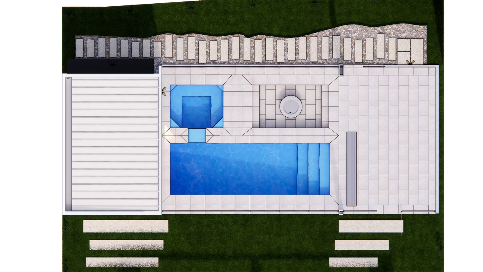 Glass pool fence and pool area design shown on the site plan