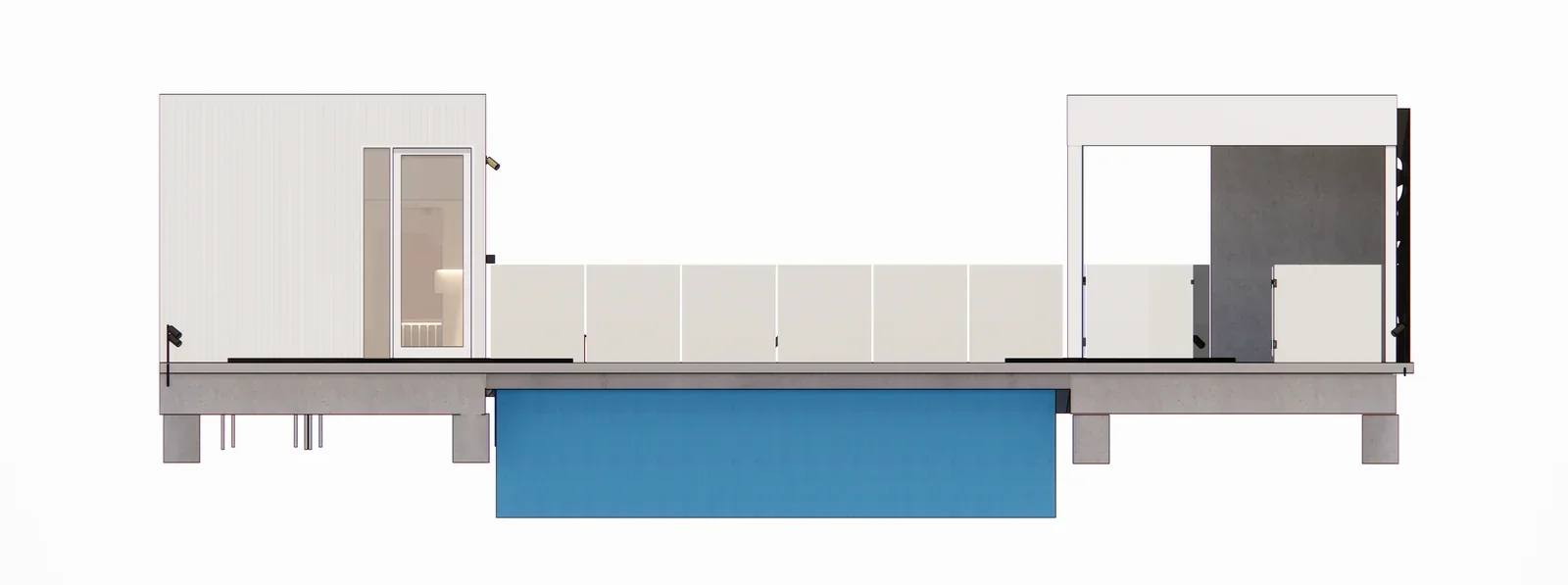 Glass pool fence: West elevation showing pool, deck and fence line