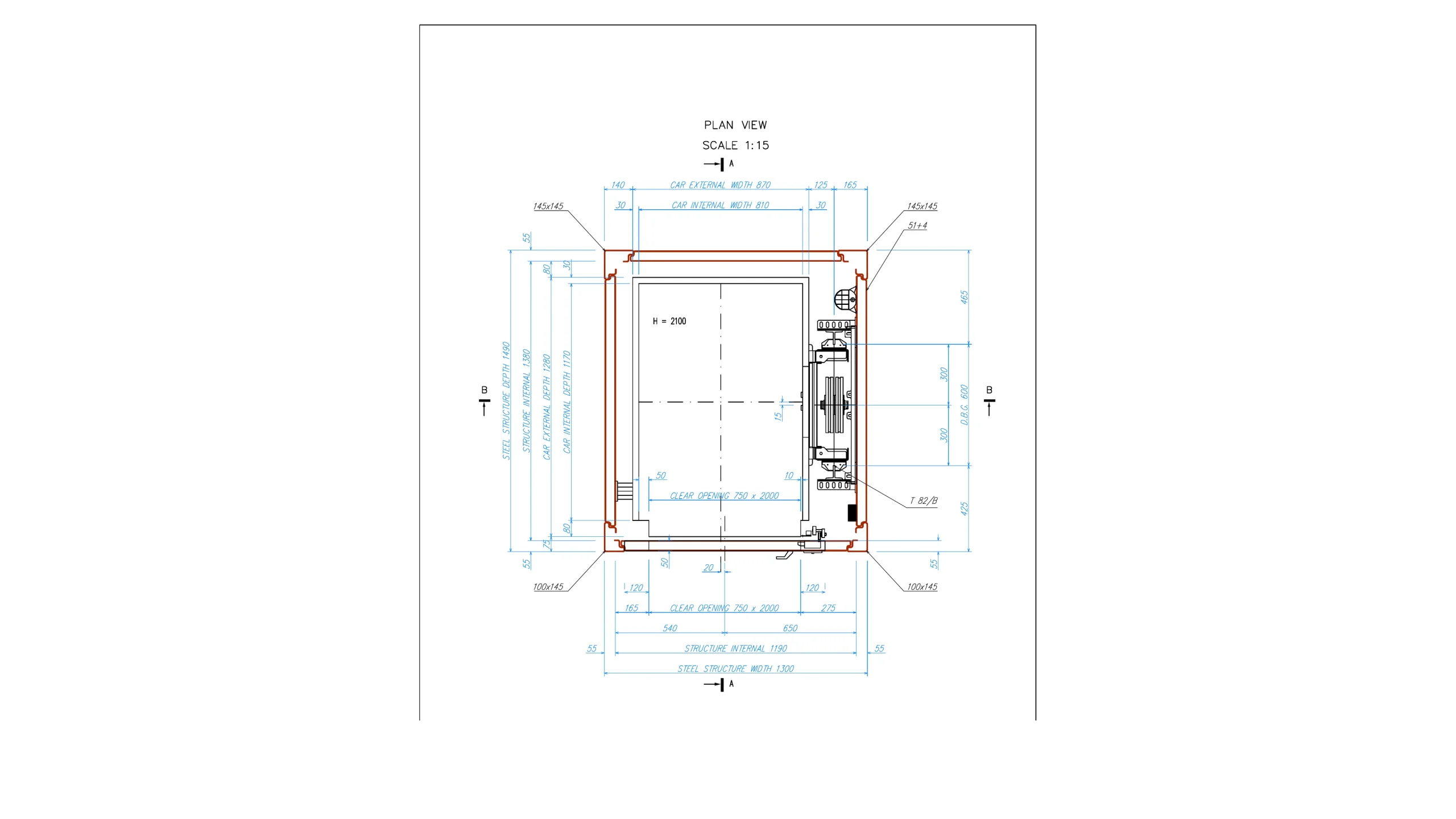Lift car plan view showing internal clear dimensions, door opening and structural shaft allowance