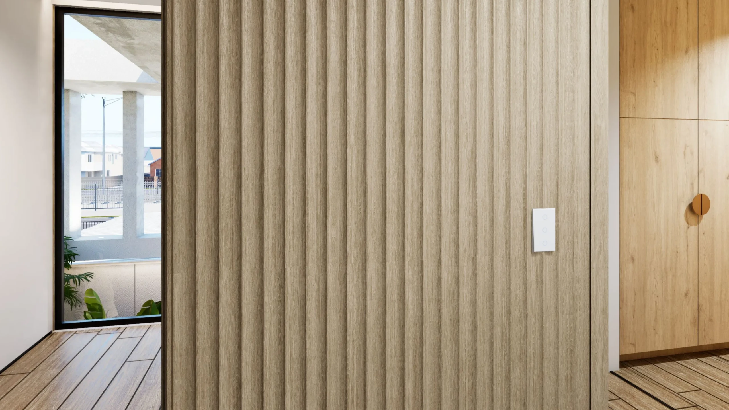 Level circulation on the upper floor of a multi level home, where a lift removes the need to negotiate stairs