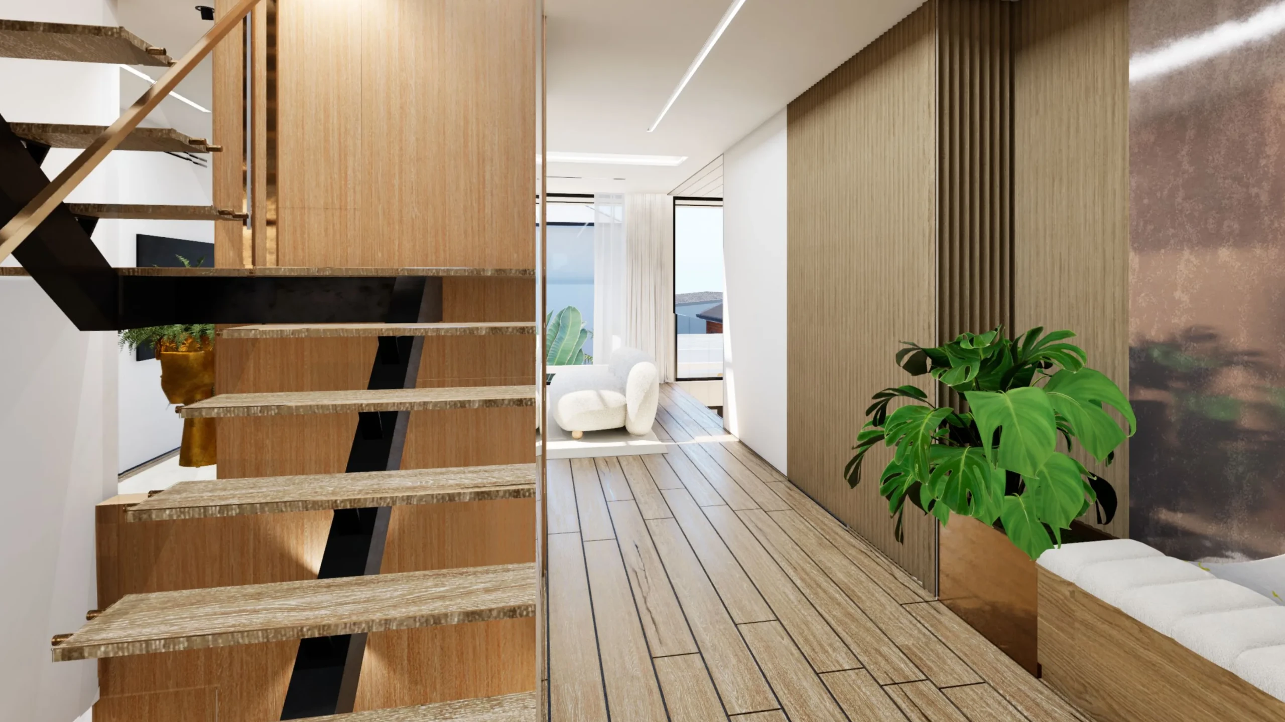 Vertical circulation zone where the stair and lift core sit together in a multi level home