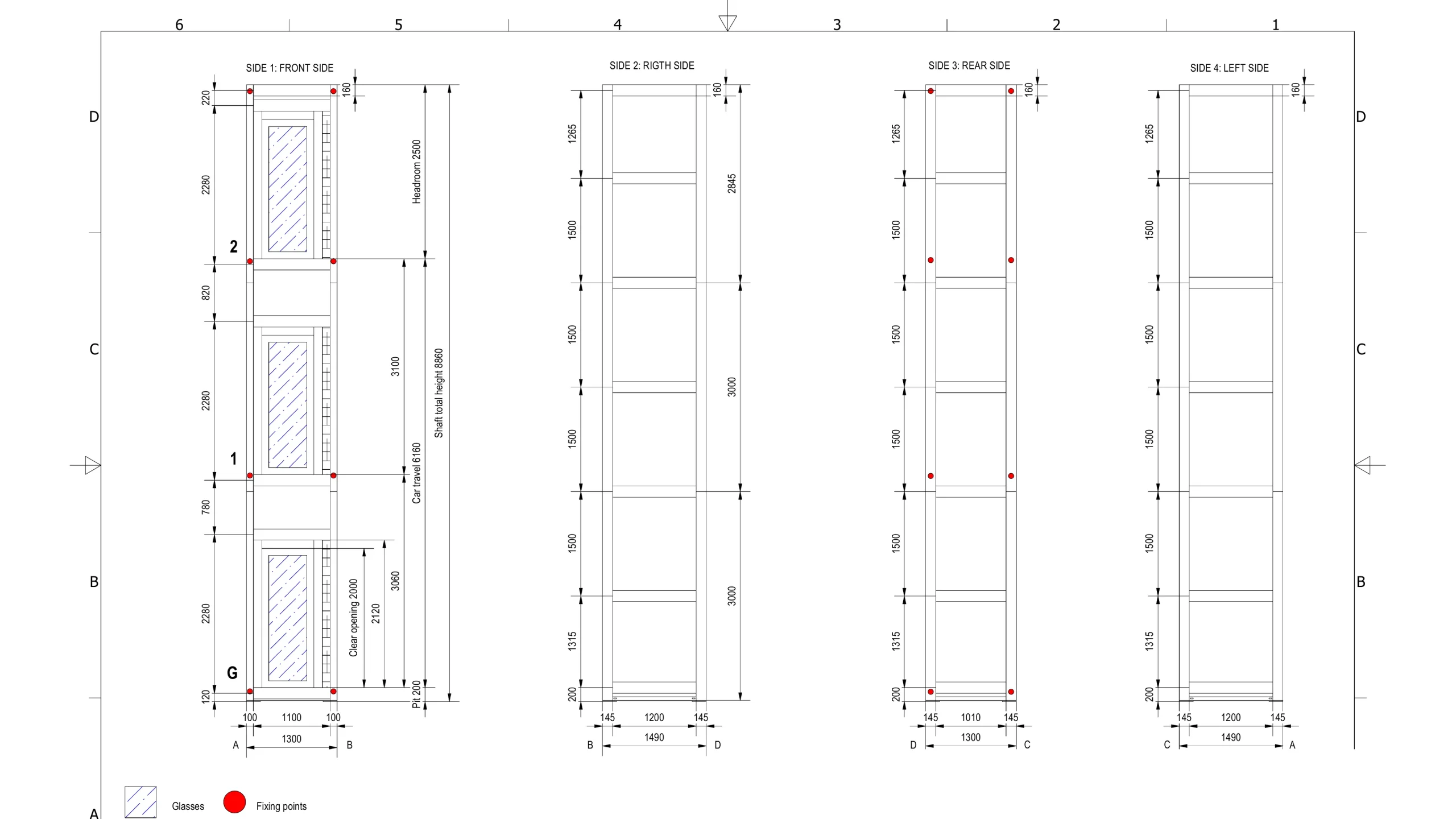 Lift shaft structure drawn on four sides showing glazed and metal panels, fixing points and landing levels