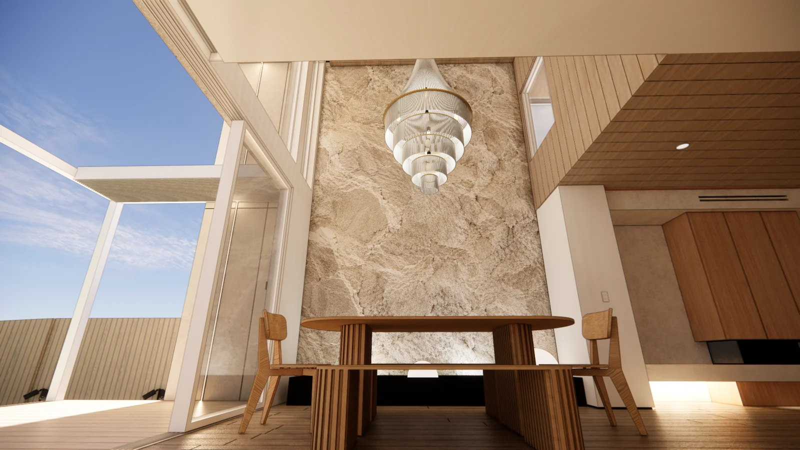 Interior finishes: Rock feature wall with timber joinery in the dining area