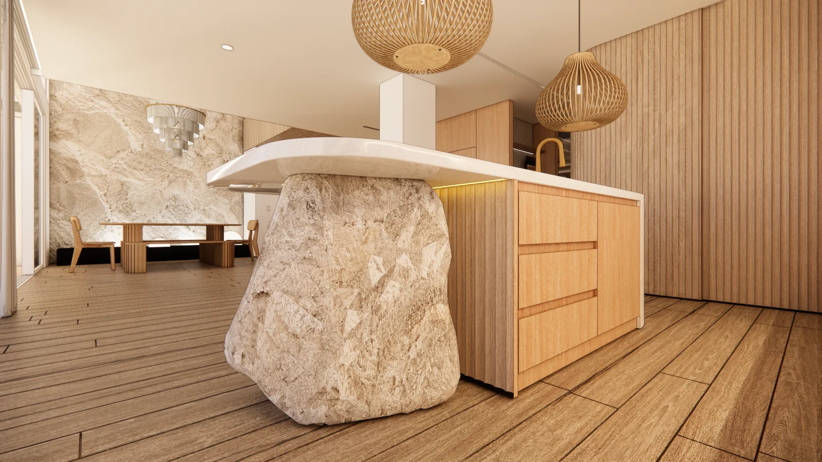 Kitchen renovation cost Melbourne: Sculpted rock pedestal detail under the island bench