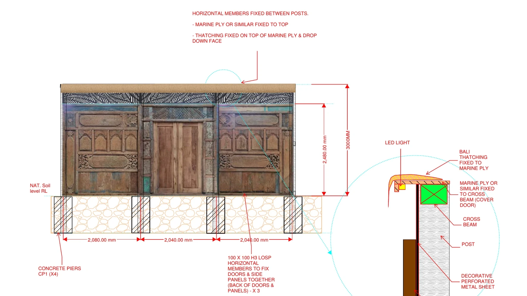 Landscape design Melbourne: Carved timber gate and thatched boundary fence detail