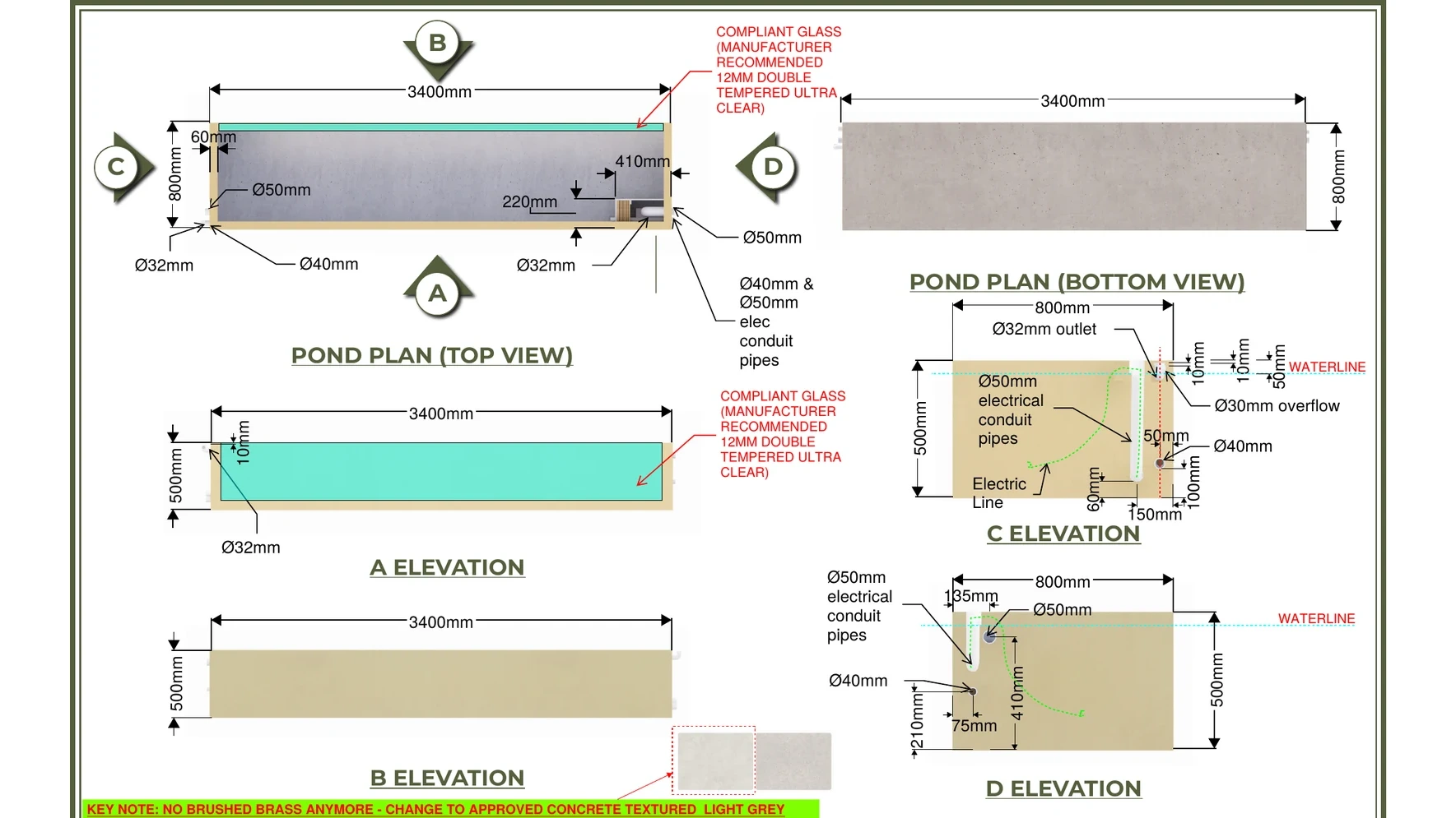 Landscape design Melbourne: Brass pond elevations and plumbing detail