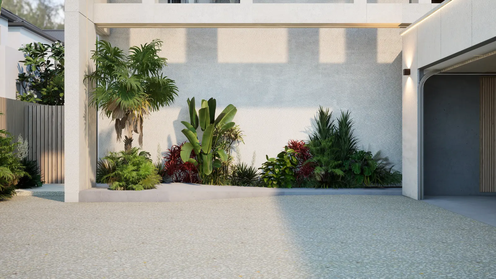 Landscape design Melbourne: Driveway forecourt with screening palms and planting