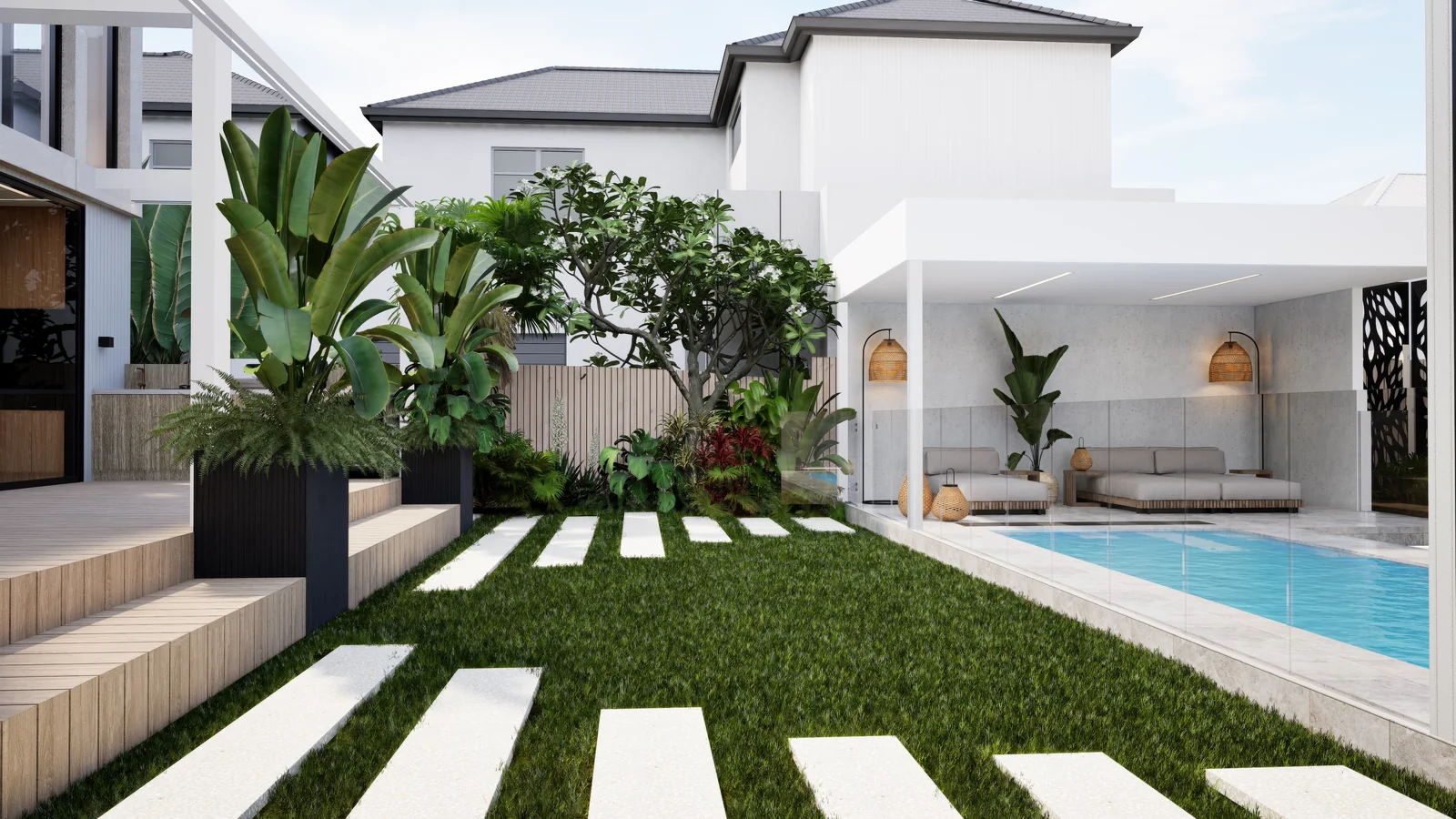 Landscape design Melbourne: Pool garden with stepping stones and screening planting