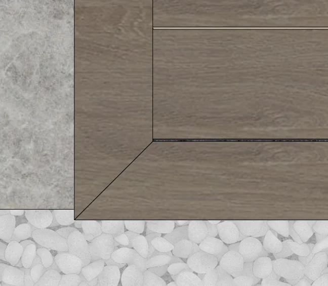 Timber flooring and composite decking edge detail against a pebble margin
