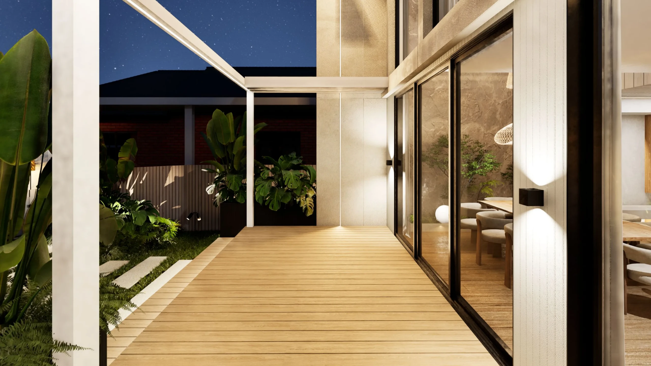 Decking under wall washing light at dusk, showing how grazing light reads across the board texture