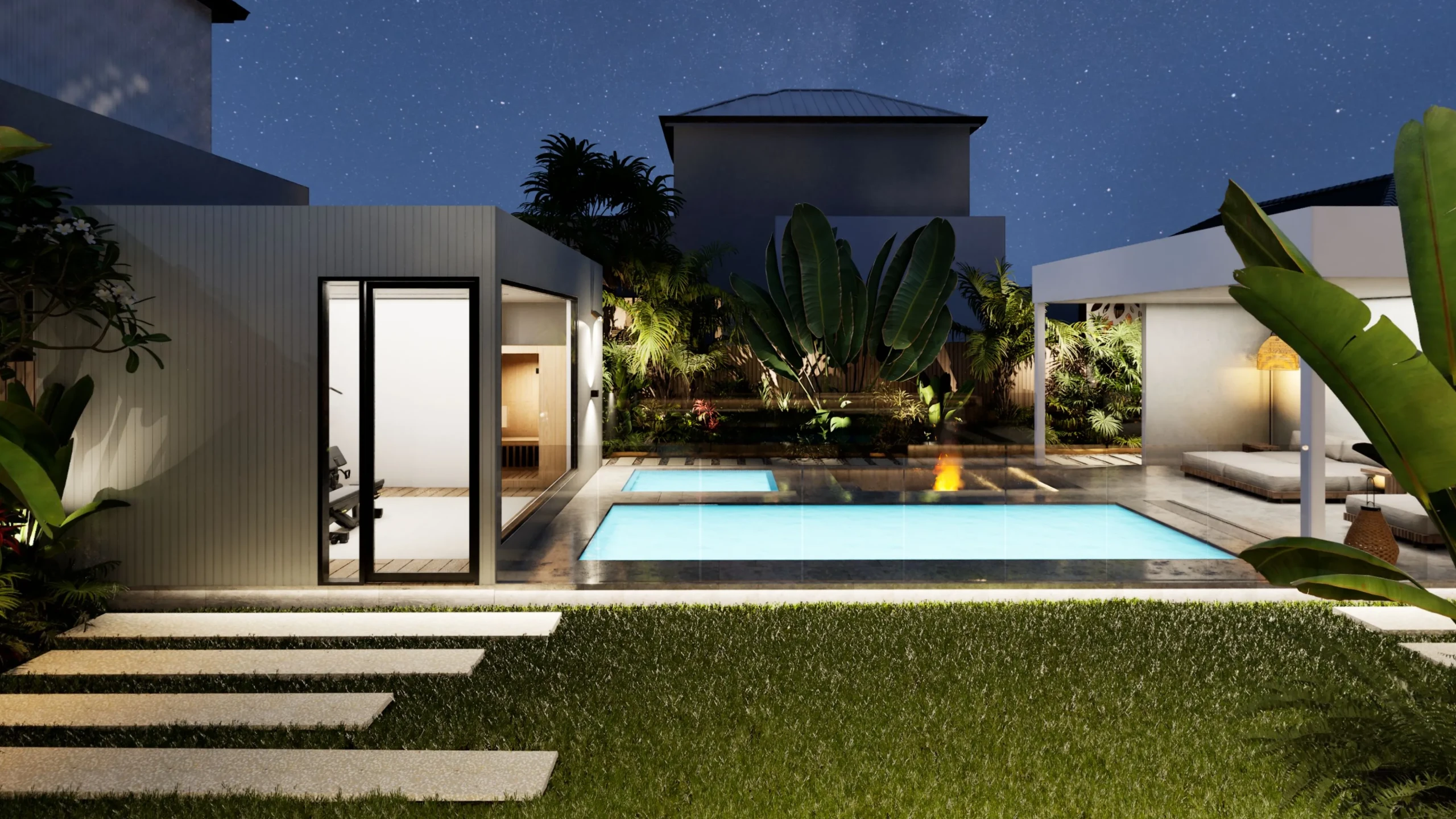 Composite deck, lawn and pool at dusk with warm interior light behind the glazing
