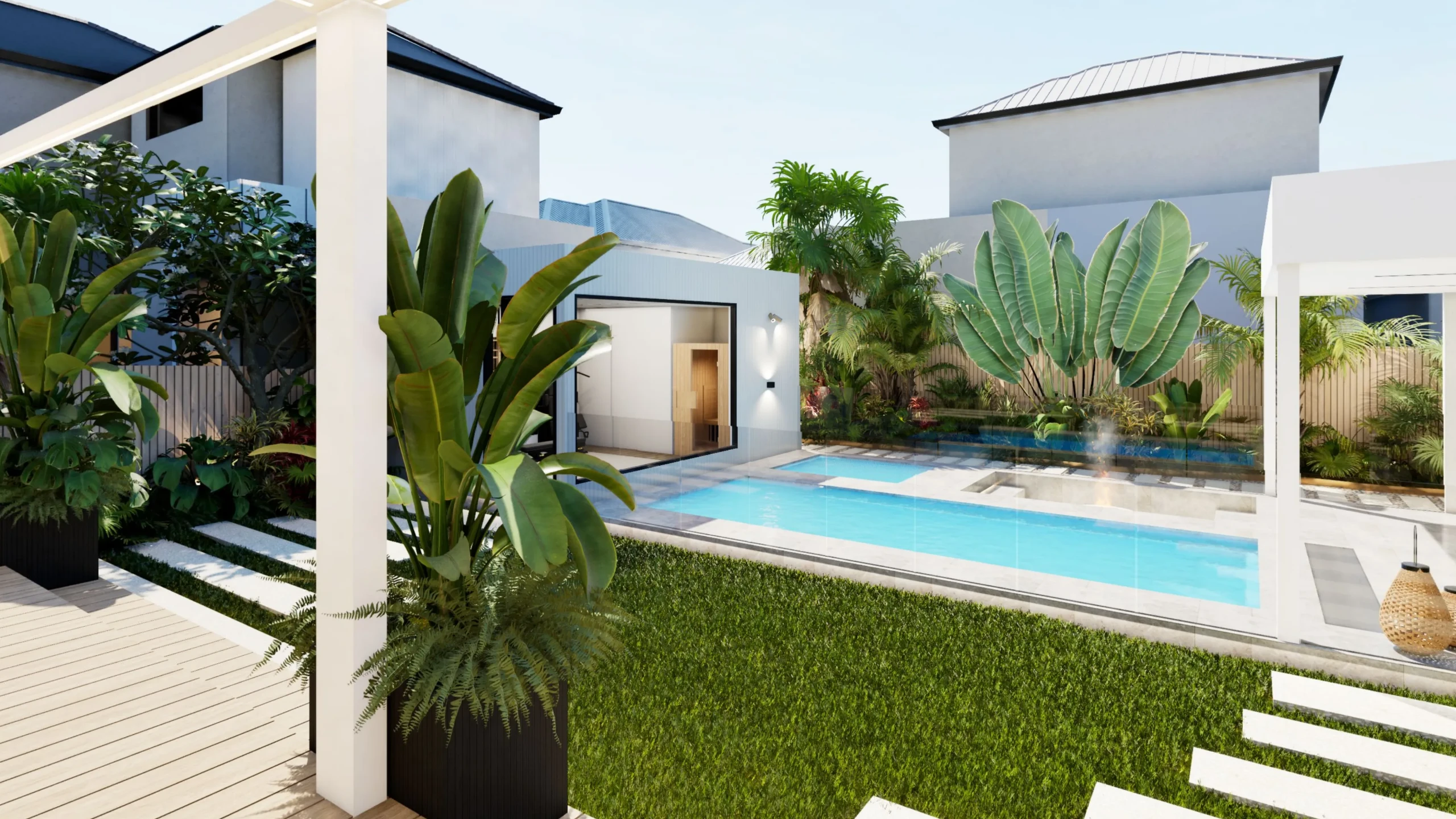Pale hardscape paving, lawn and pool edge setting the arrival sequence to the deck