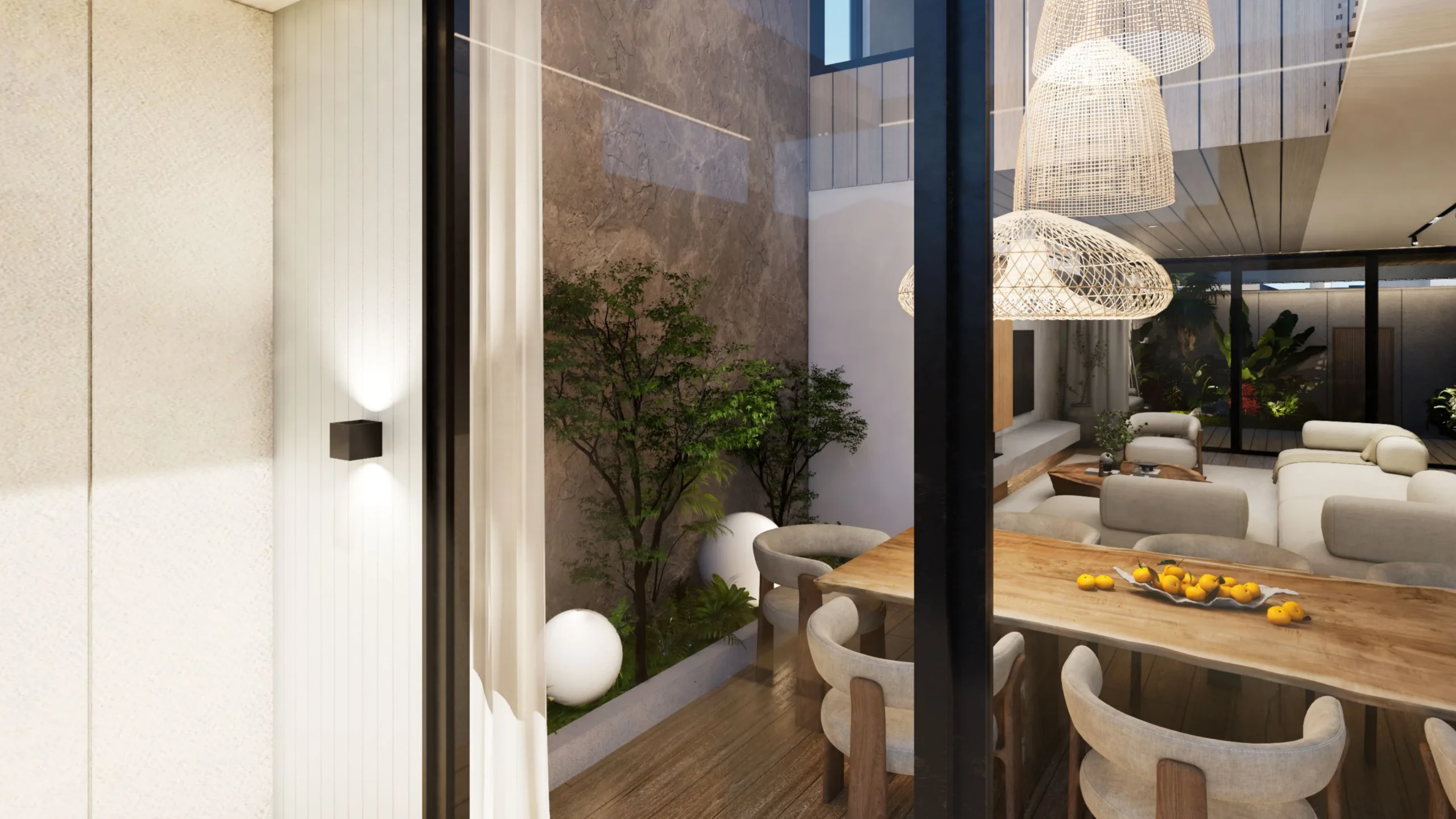 Transition from interior timber flooring to the deck outside, seen through full height glazing