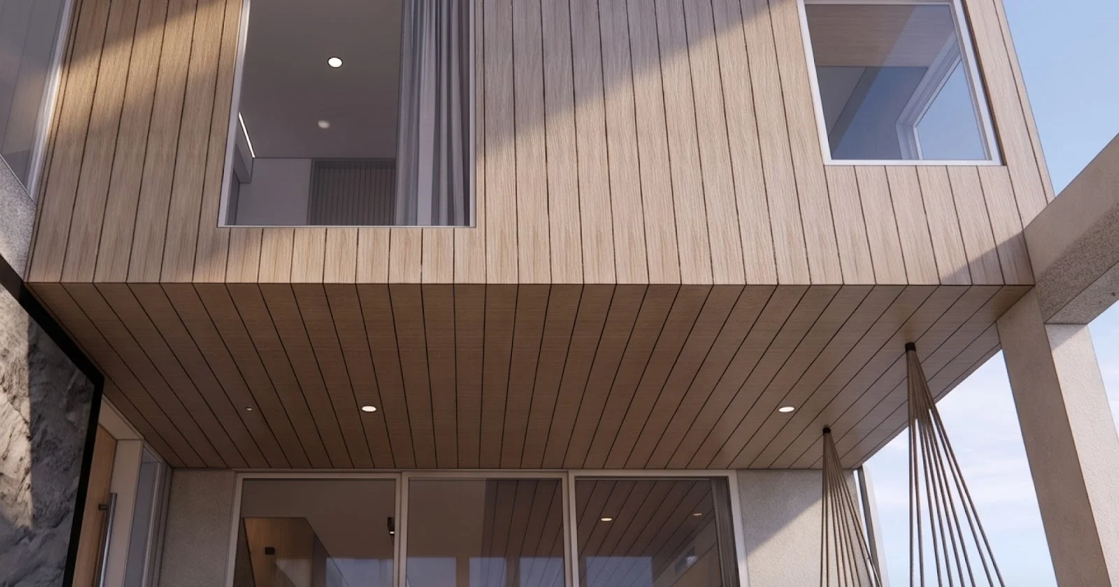 Sustainable luxury home: Deep eave and west facade shading that cuts summer heat load