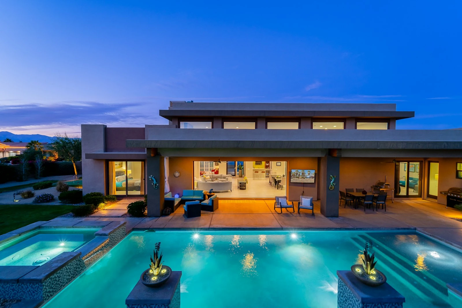 3D rendering cost Australia: architect designed residence and pool lit at dusk
