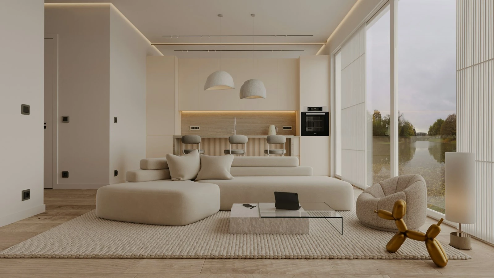 3D virtual tour off the plan apartments: minimal cream living room filled with natural light