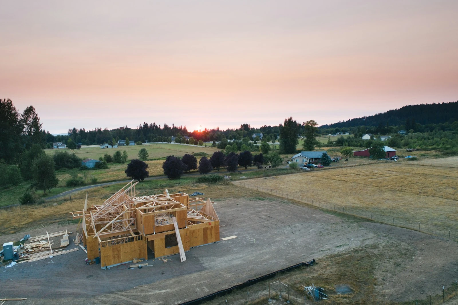 Timber frames standing against an open sky