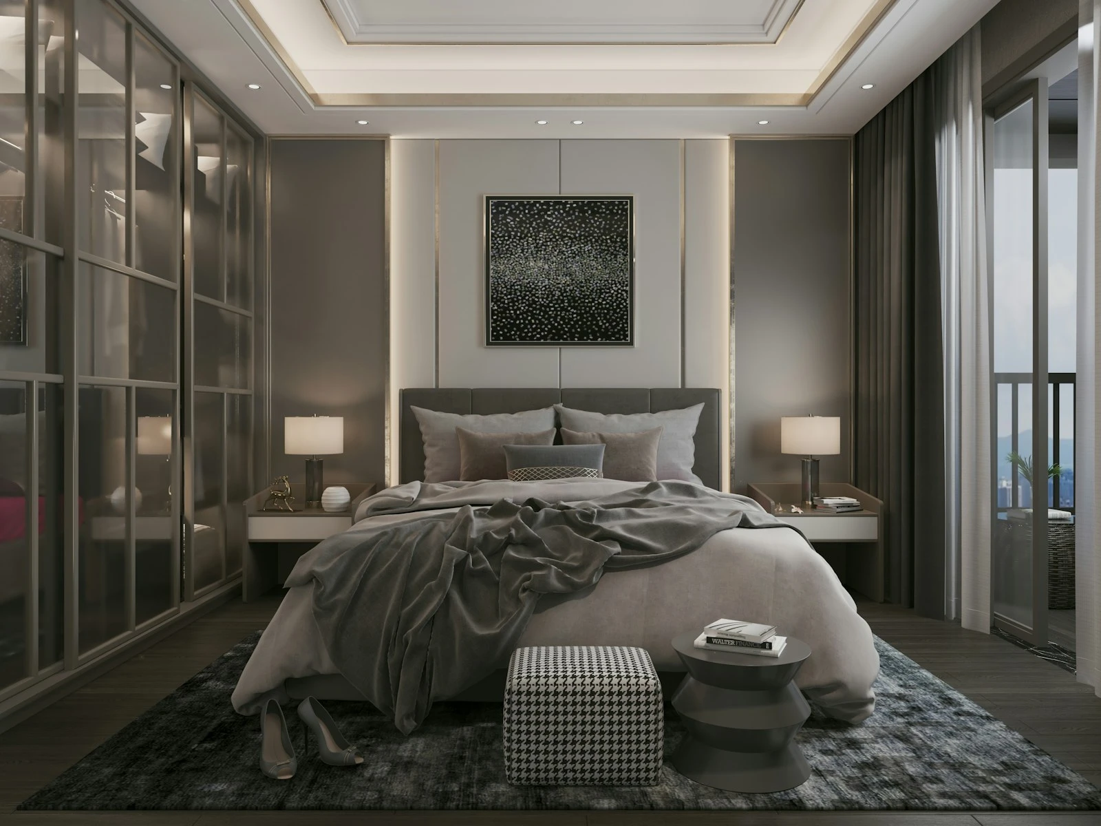 Restrained bedroom in soft grey and linen