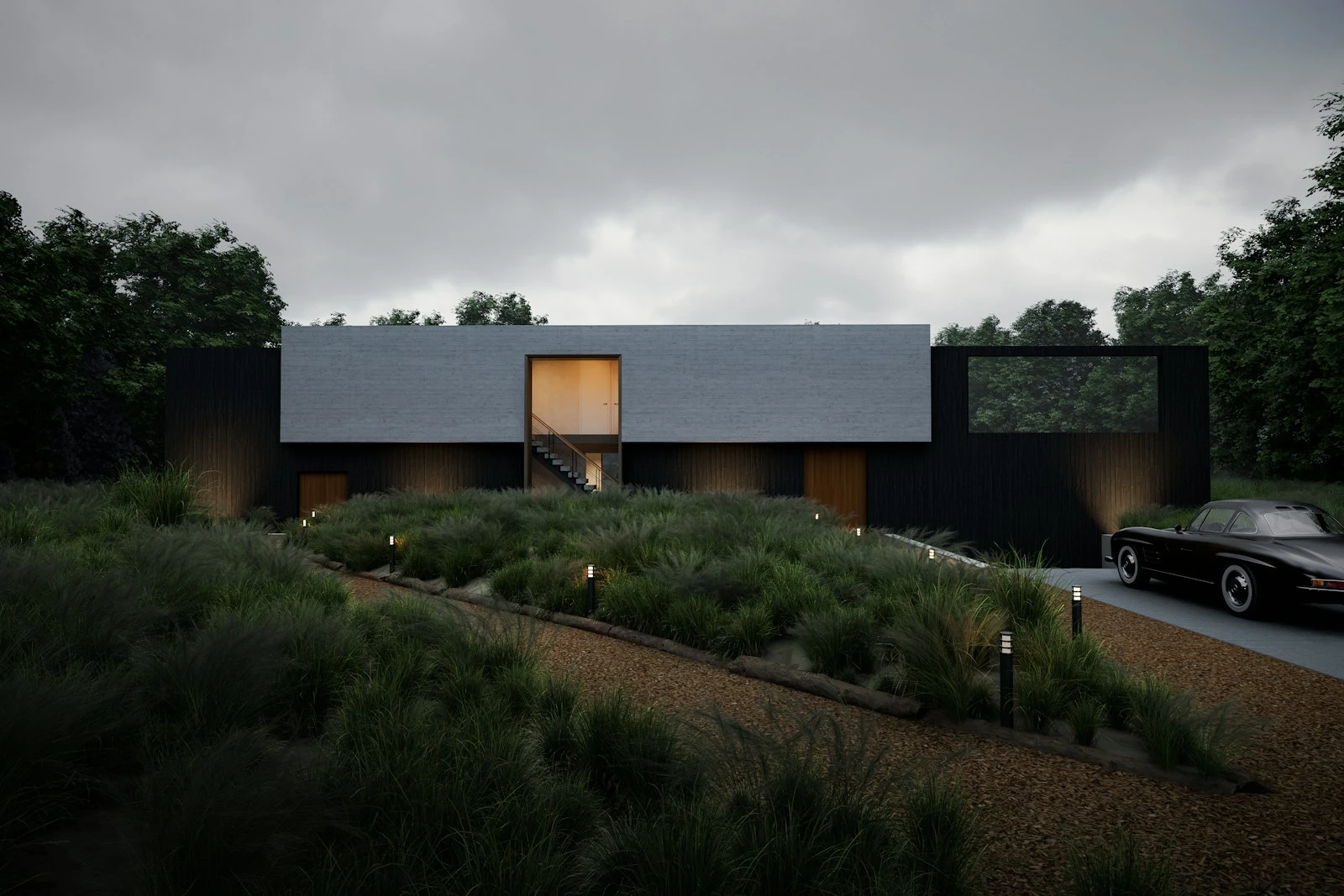 Construction programme visualisation: minimal contemporary residence at last light