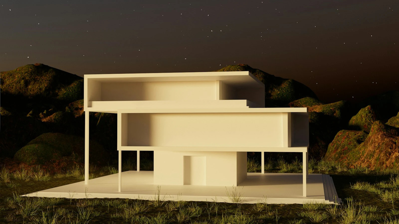 Model of a contemporary residence lit against a dark setting