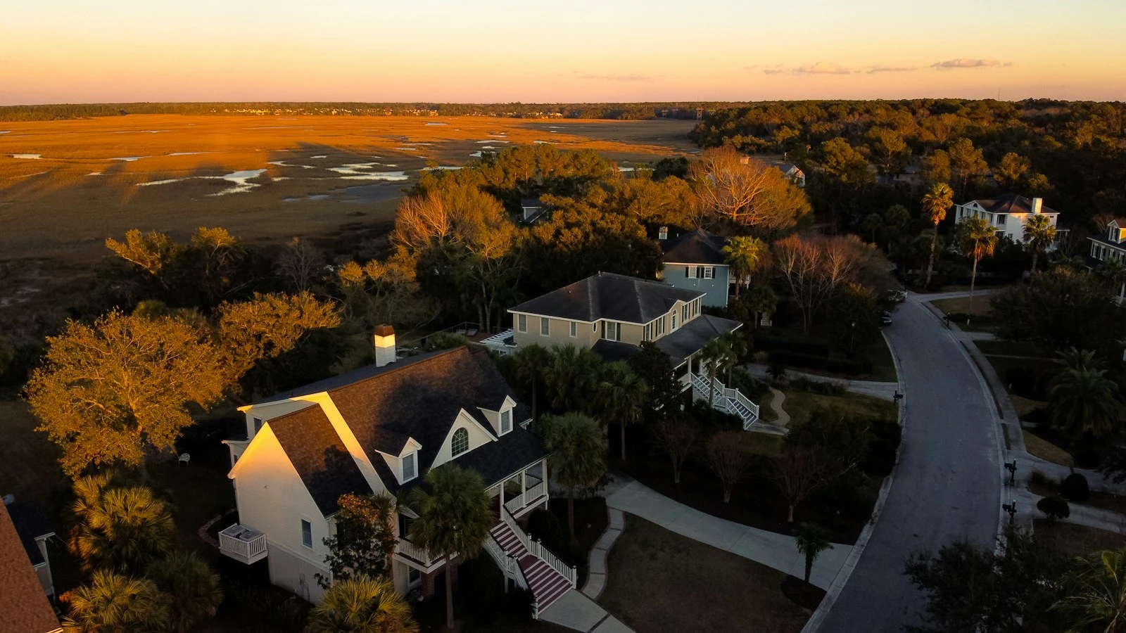 Aerial view of large homes among established trees at sunset