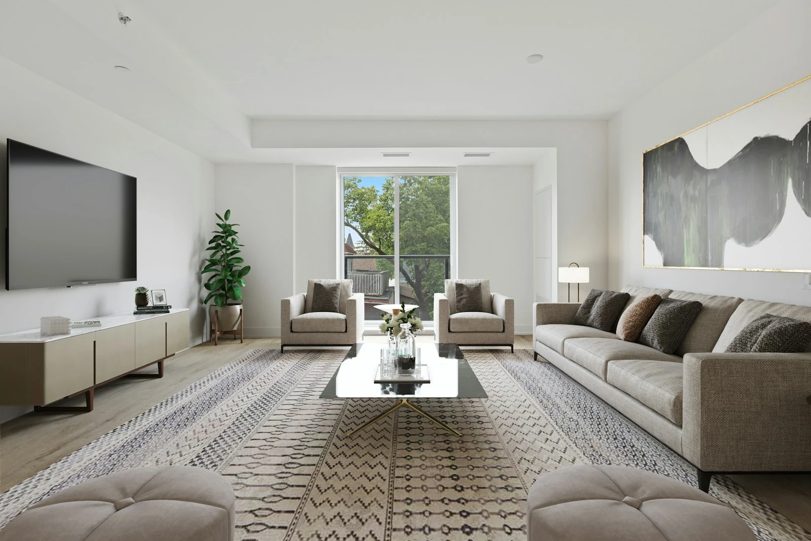 Living room opening to a garden through full height glass
