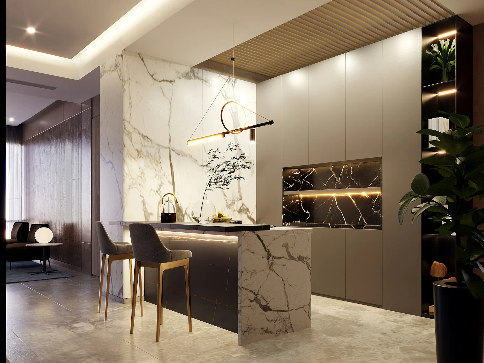 Dark contemporary kitchen with integrated appliances