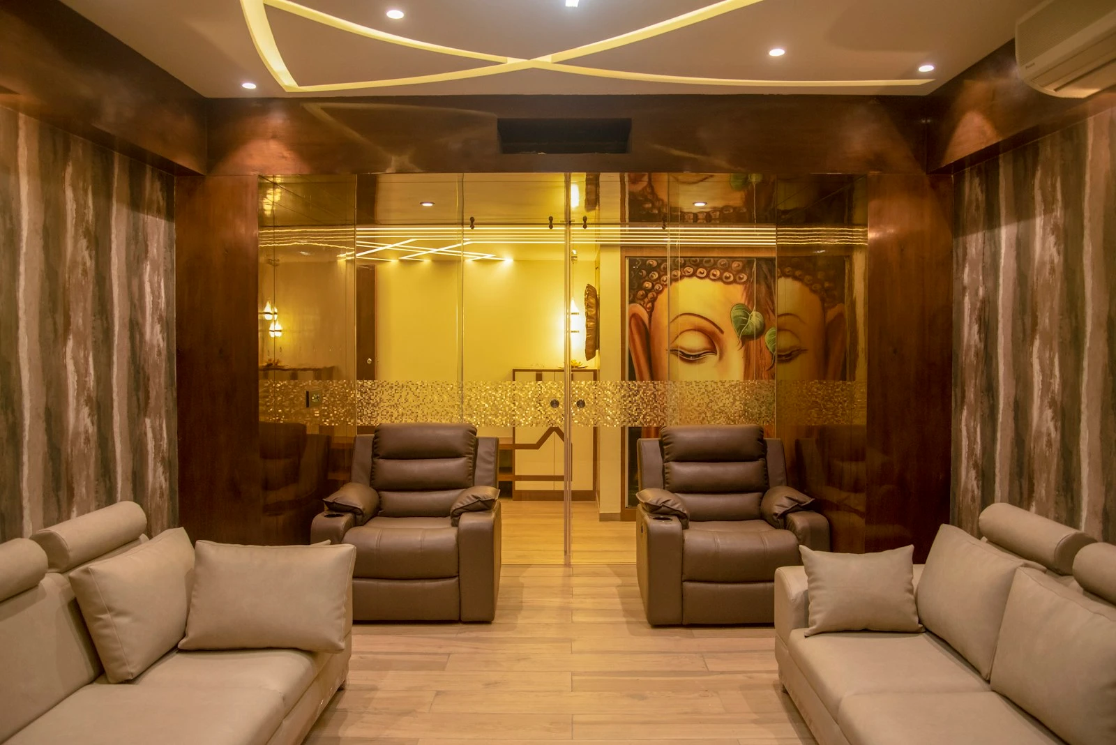 Warm timber lined home cinema with reclining seats