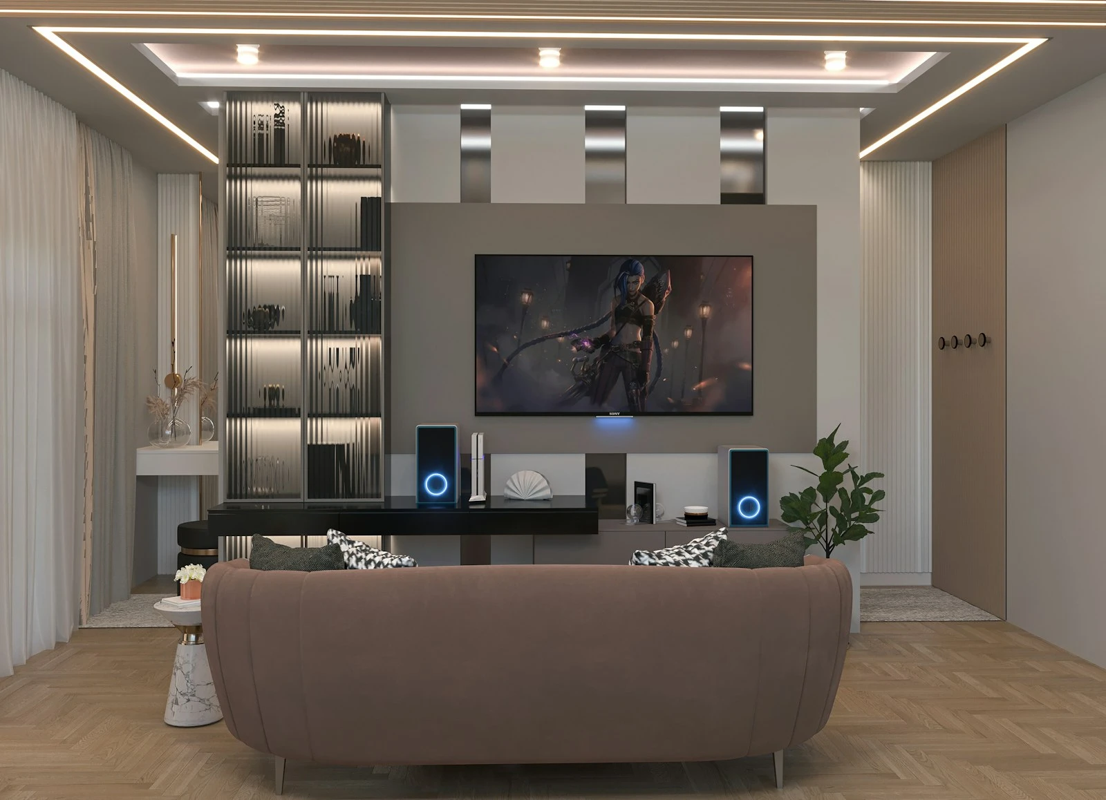 Media lounge with a curved sofa facing a large screen