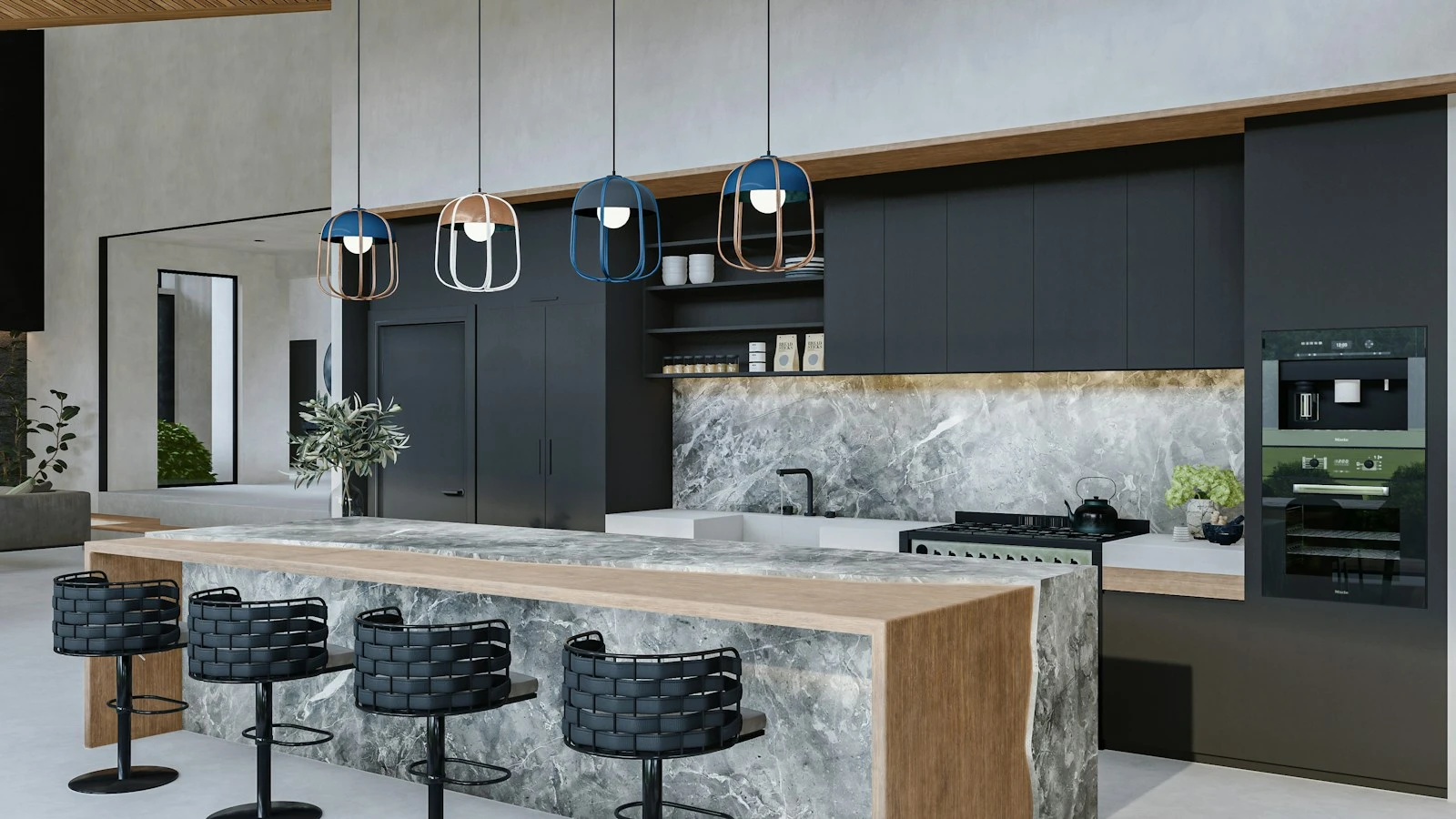 Dark cabinetry kitchen with a stone splashback and island seating