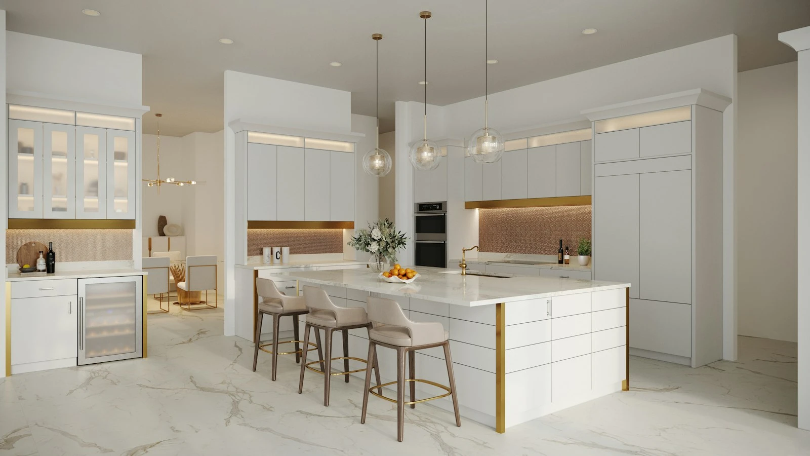 Bright white kitchen with a long island bench and tall windows