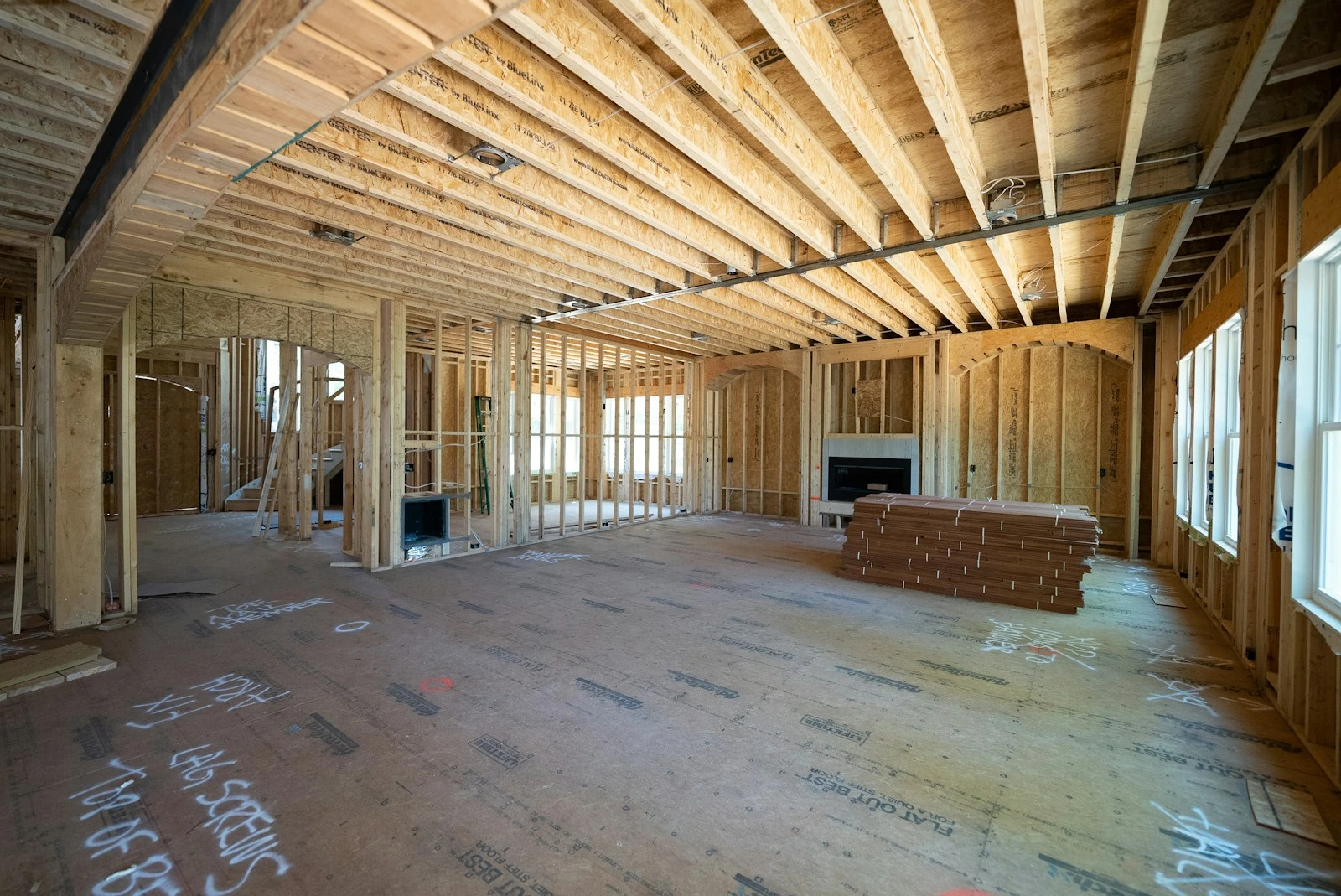 Interior of a new home at timber frame stage