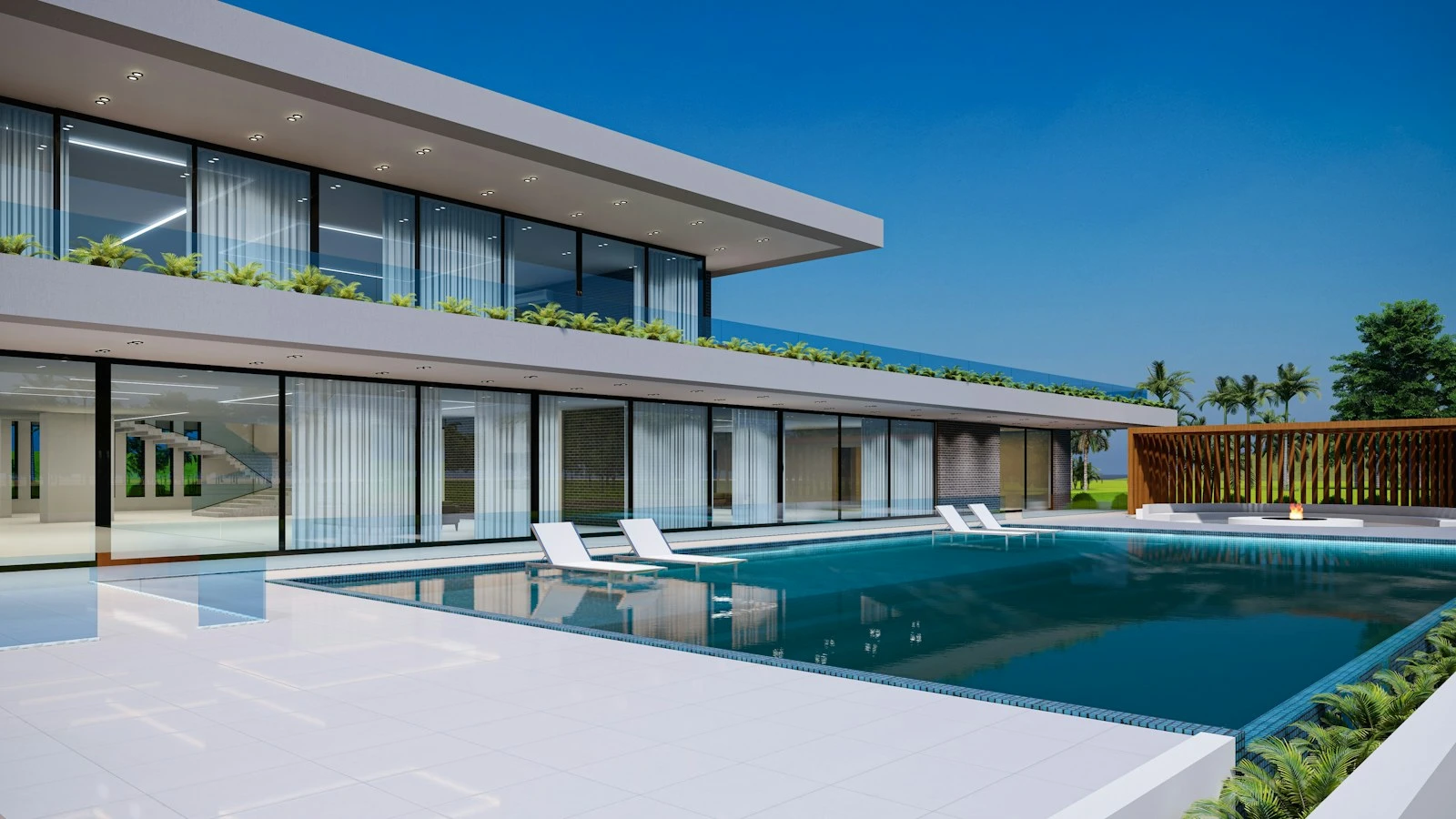 Off the plan sales renders for developers: contemporary glass residence with a pool at golden hour