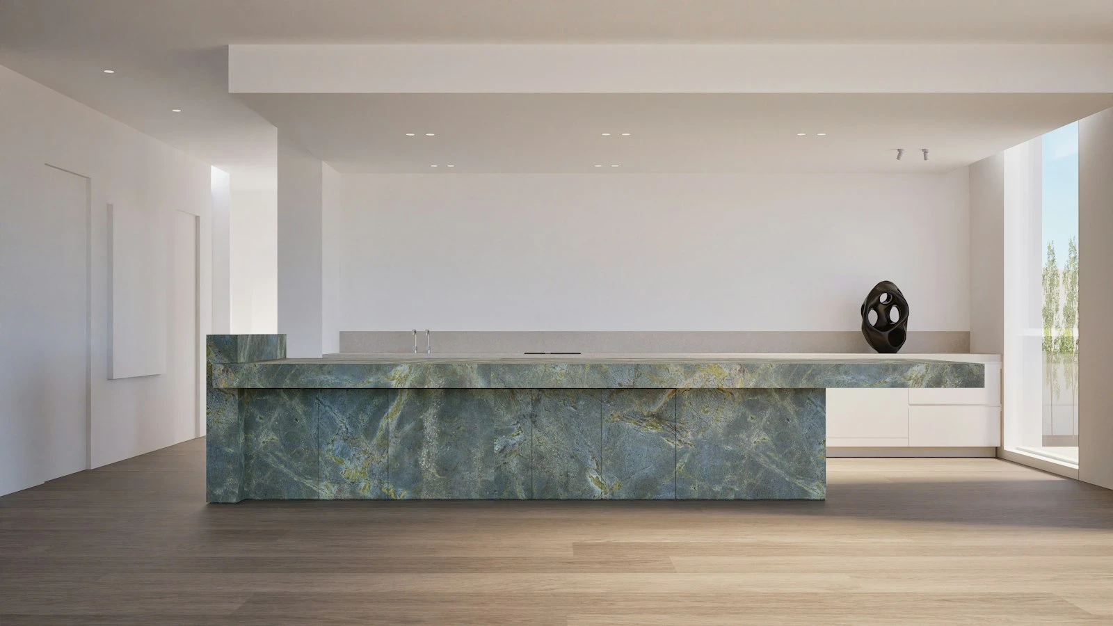 Minimal kitchen with a full stone island bench